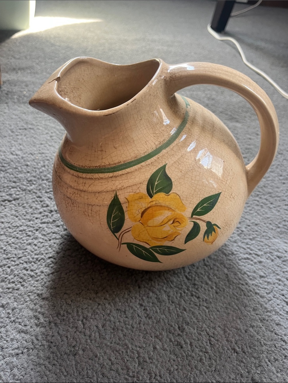 Vintage Hand-Painted Yellow Rose Ceramic Pitcher